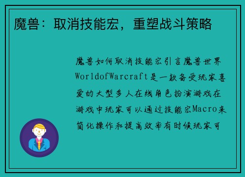 魔兽：取消技能宏，重塑战斗策略